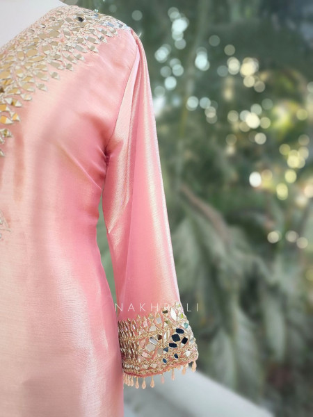 Aks Pink Tissue Suit Set with Mirror Zari Work