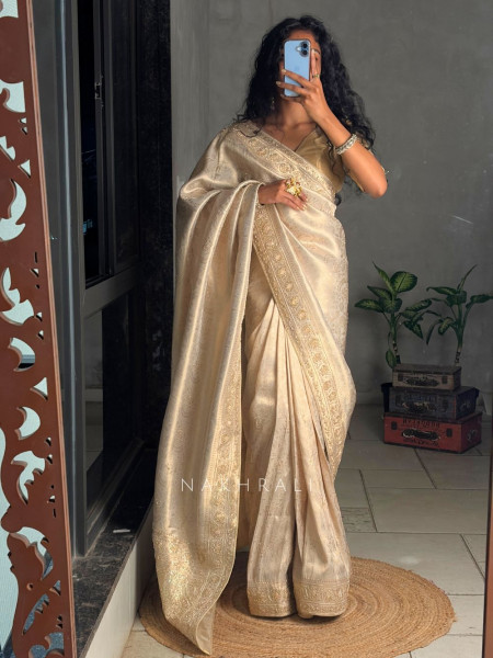 Naazneen Cream Sequin & Zari Saree