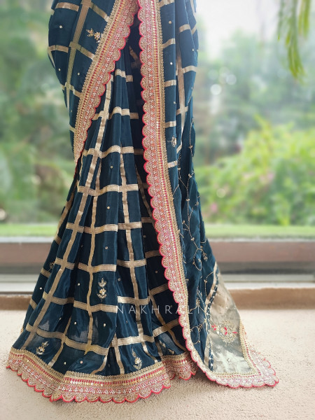 Koshira Teal Blue Pure Dola Silk Saree WIth Gotta Patti, Resham & Scalloped Zari Border