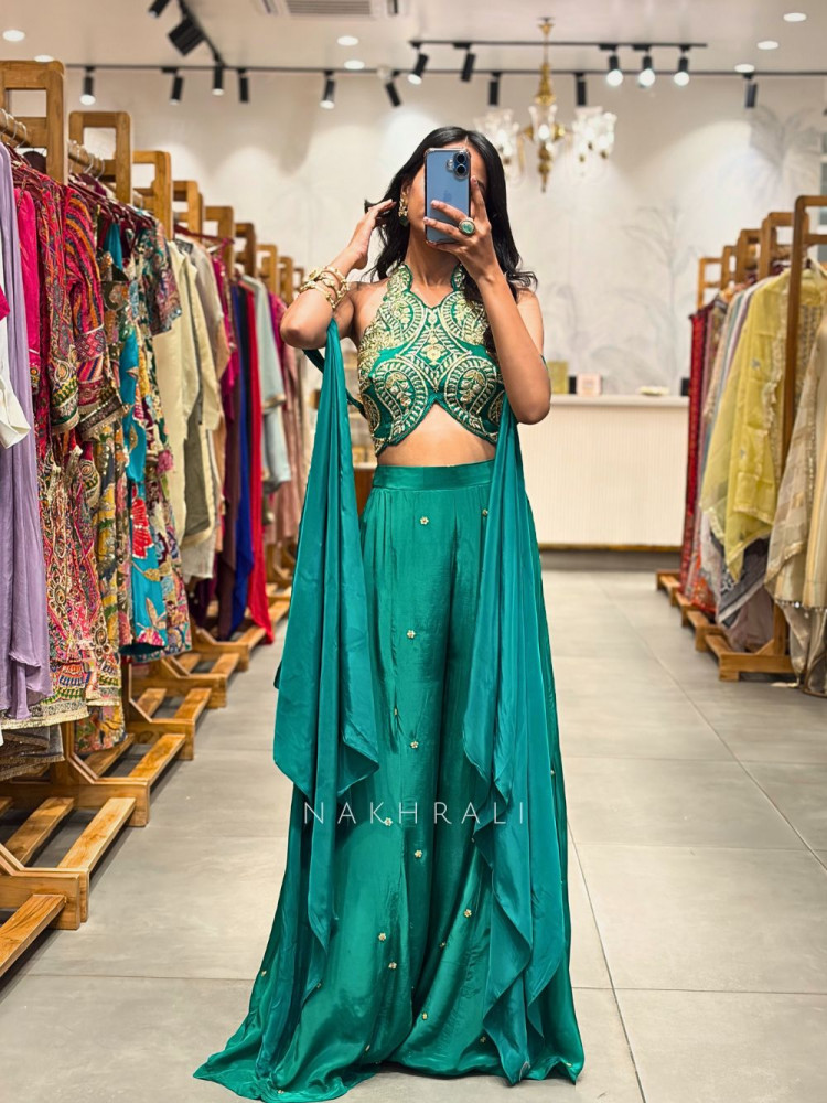 Image of Ruhaya Indo Western Green  Crop Top Palazzo Set with Cut Dana Work