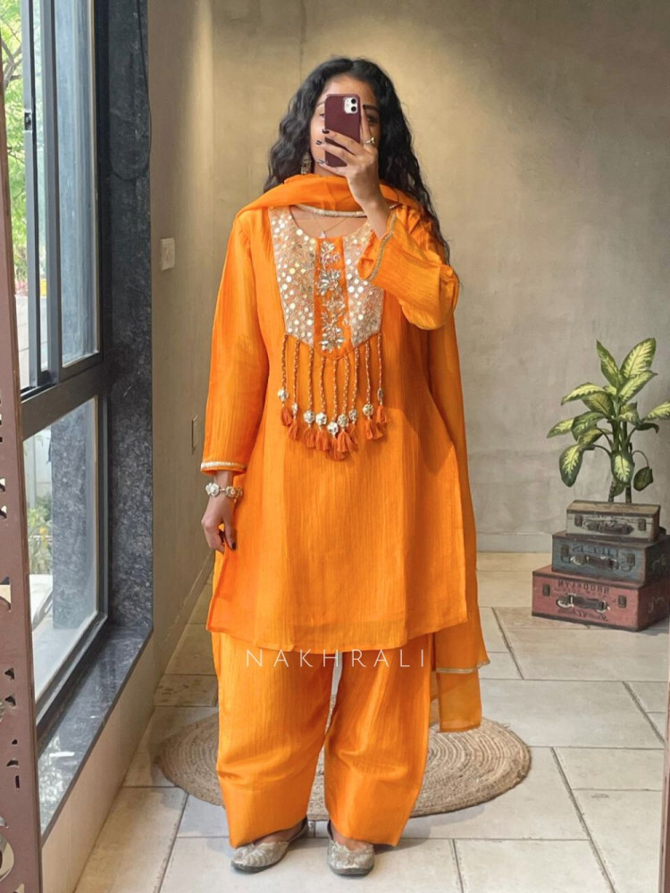 Image of Zivika Orange Suit Set with Embroidered Kurta and Dupatta