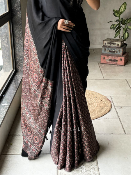 Kairav Brown Black Modal Block Print  Saree