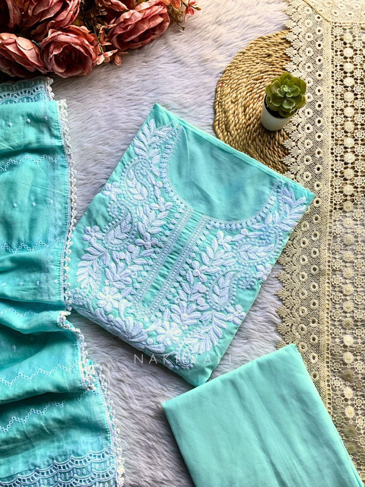 Image of Serene Blue Cotton Embroidered Dress Material