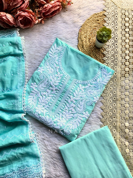 Serene Blue Cotton Embroidered Dress Material