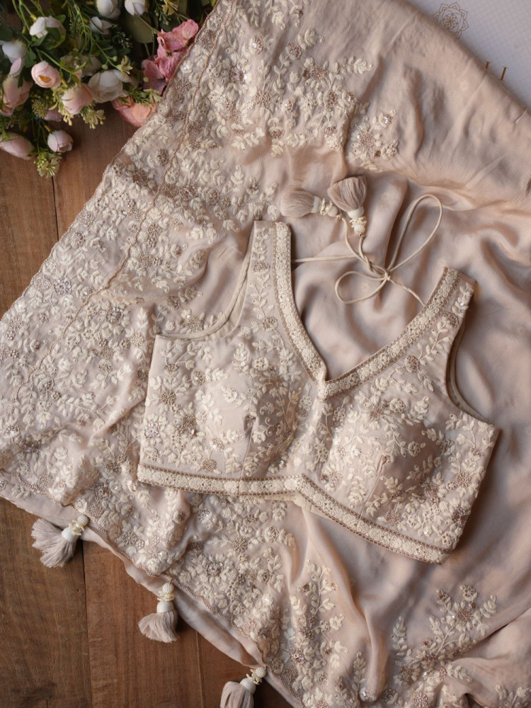 Image of Velmira Beige Embroidered Saree with Heavy Thread Work and Readymade Blouse