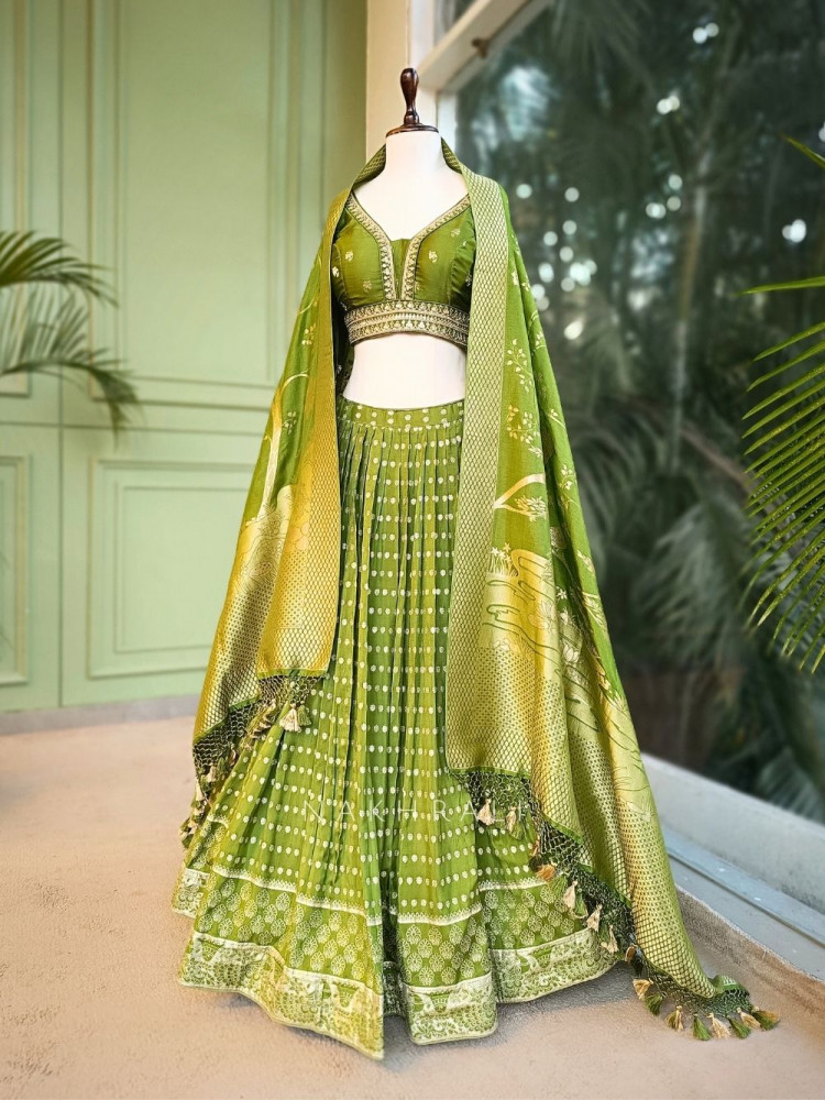 Image of Arnika Green Brocade Lehenga Set with Zari Work