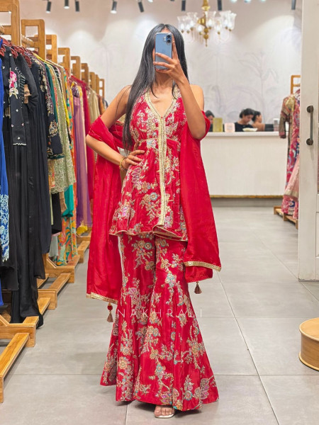 Wamika Red Floral Flared Suit Set with Zari Work