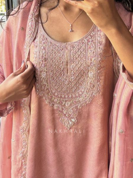 Ahana Pink Suit Set with Cut Dana and Zari Work