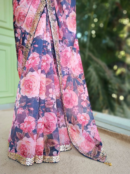 Virel Purple Saree with Floral Print and Sequin Blouse