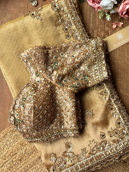 Gilded Ivy Golden Saree with Readymade Blouse  With Zardozi, Sequin & Moti Work