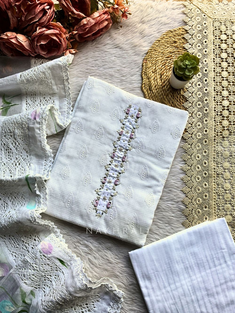 Image of Elira Lavender Cotton Dress Material with Handworked Neckline