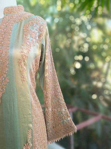 Zariya Sea Green Suit Set with Cut Dana and Zari Work