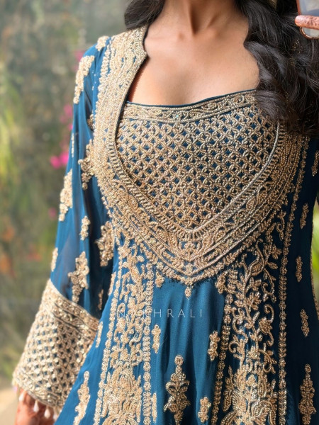 Zyara Blue Suit Set with Cut Dana and Zari Work