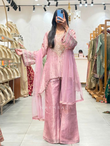 Livia Pink Indo Western Suit Set with Embroidered Neck Detail