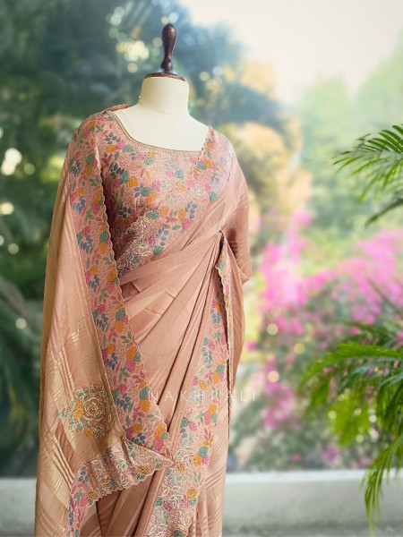 Saraya Caramel Pink Woven Border Saree with Patterned Blouse