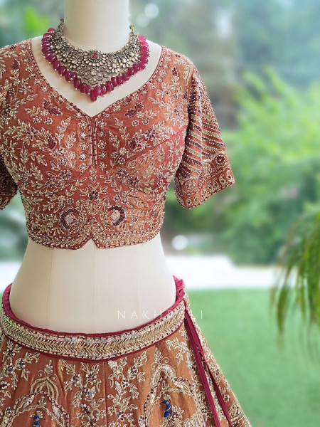 Bhavika Antique Brown Raw Silk Tissue Bridal Lehenga