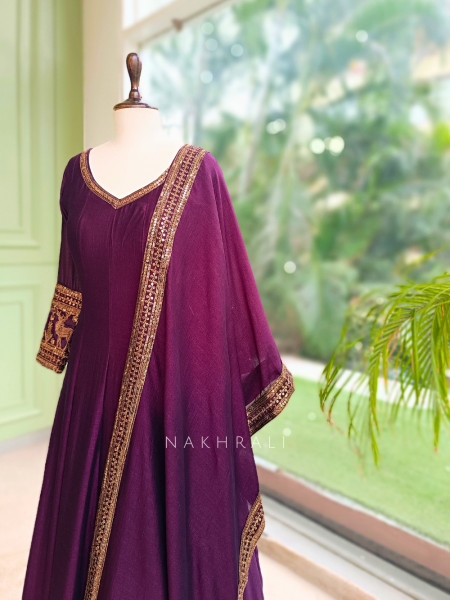 Yashvika Wine Raw Silk  Anarkali Suit Set