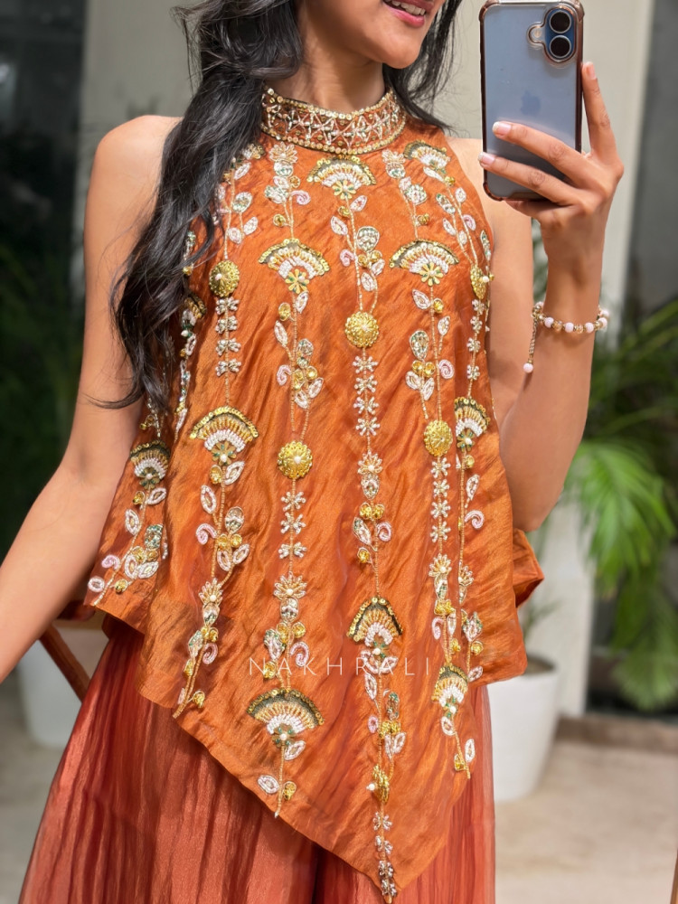 Image of Sun-Drenched Crushed Metallic Tissue Silk Indo-Western Palazzo Set