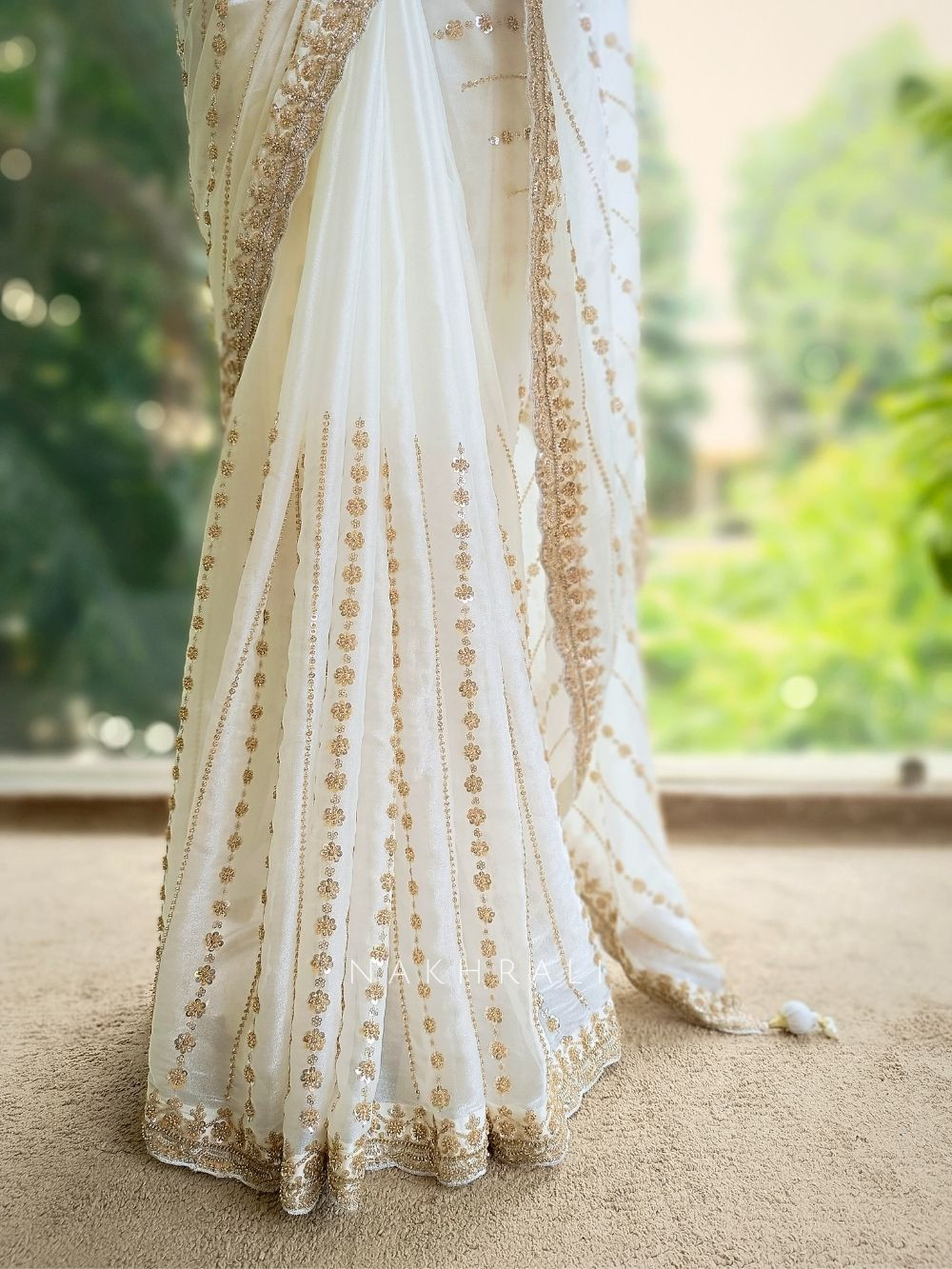 Serenya Ivory Tissue Organza Saree with Sequin Cut Dana Work