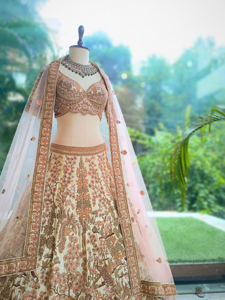 Darbar Antique Cream Dupion Silk Bridal Lehenga