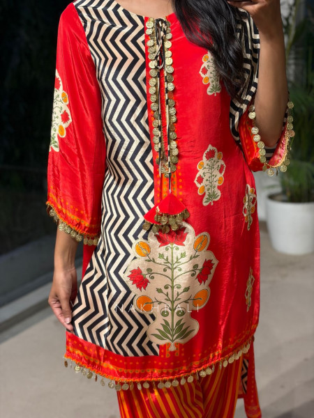 Zeenat-e-Ziba Orange Modal Satin Silk Suit Set With Mughal Floral, Chevron & Coin Detail