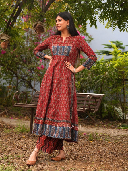 Feroz Maroon Cotton Flared Kurta Pant Set