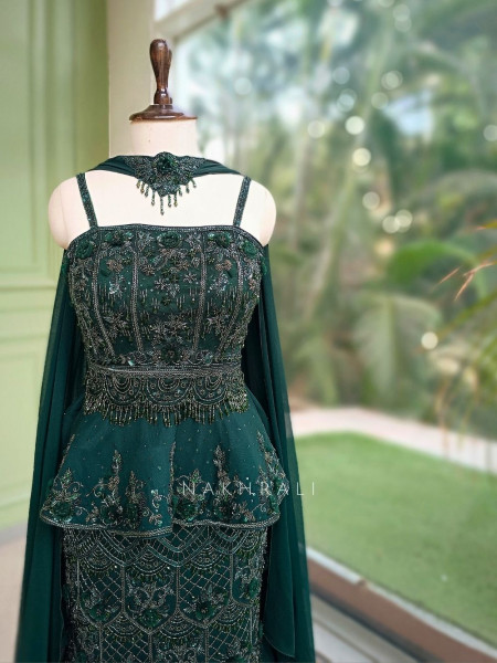 Viridian Green Indo-Western Mermaid Lehenga Set with Cutdana & Bead Work