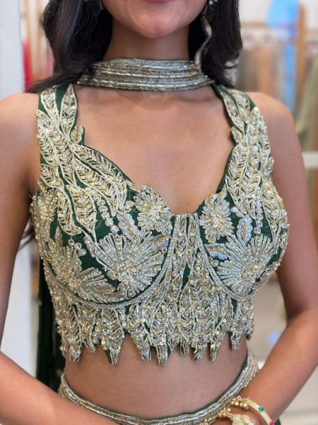 Rovelia Green Indo-Western Lehenga with Sequin and Thread Work