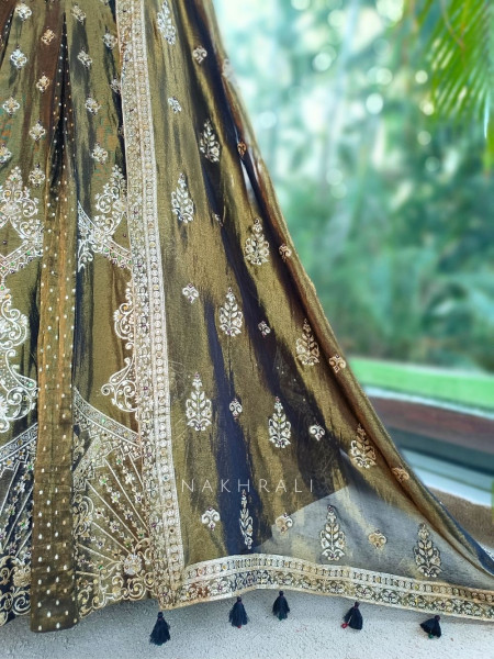 Surmayi Green Mehendi Tissue Silk Indo-Western Lehenga