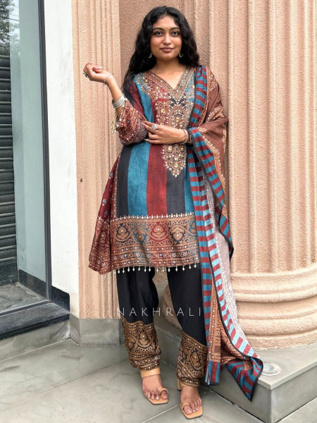 Aranya Blue  Printed Silk Salwar Suit Set