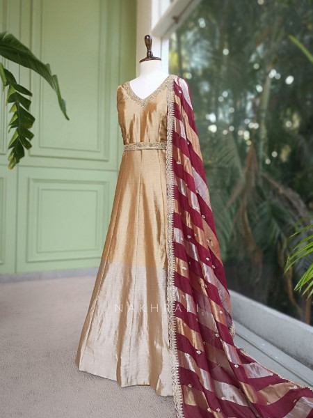 Virelle Golden Silk Anarkali Suit Set with Zari and Sequin Work