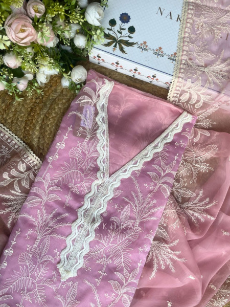 Flora Vine Pink Embroidered Dress Material Set