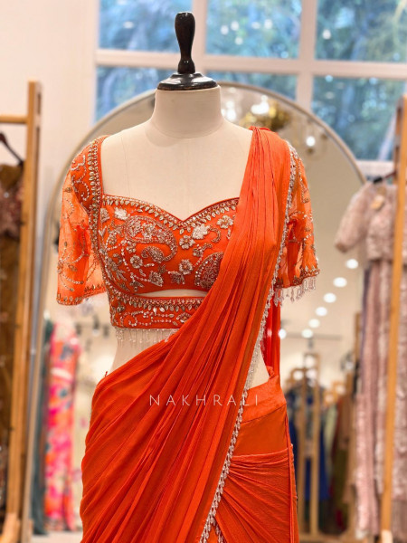 Aarini Orange Embroidered Drape Skirt Set