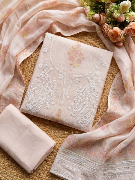 Clarivelle Peach Floral Printed Dress Material with Thread Embroidery