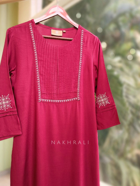 Naira Maroon Cotton Kurta with Pleated Neck and Embroidery