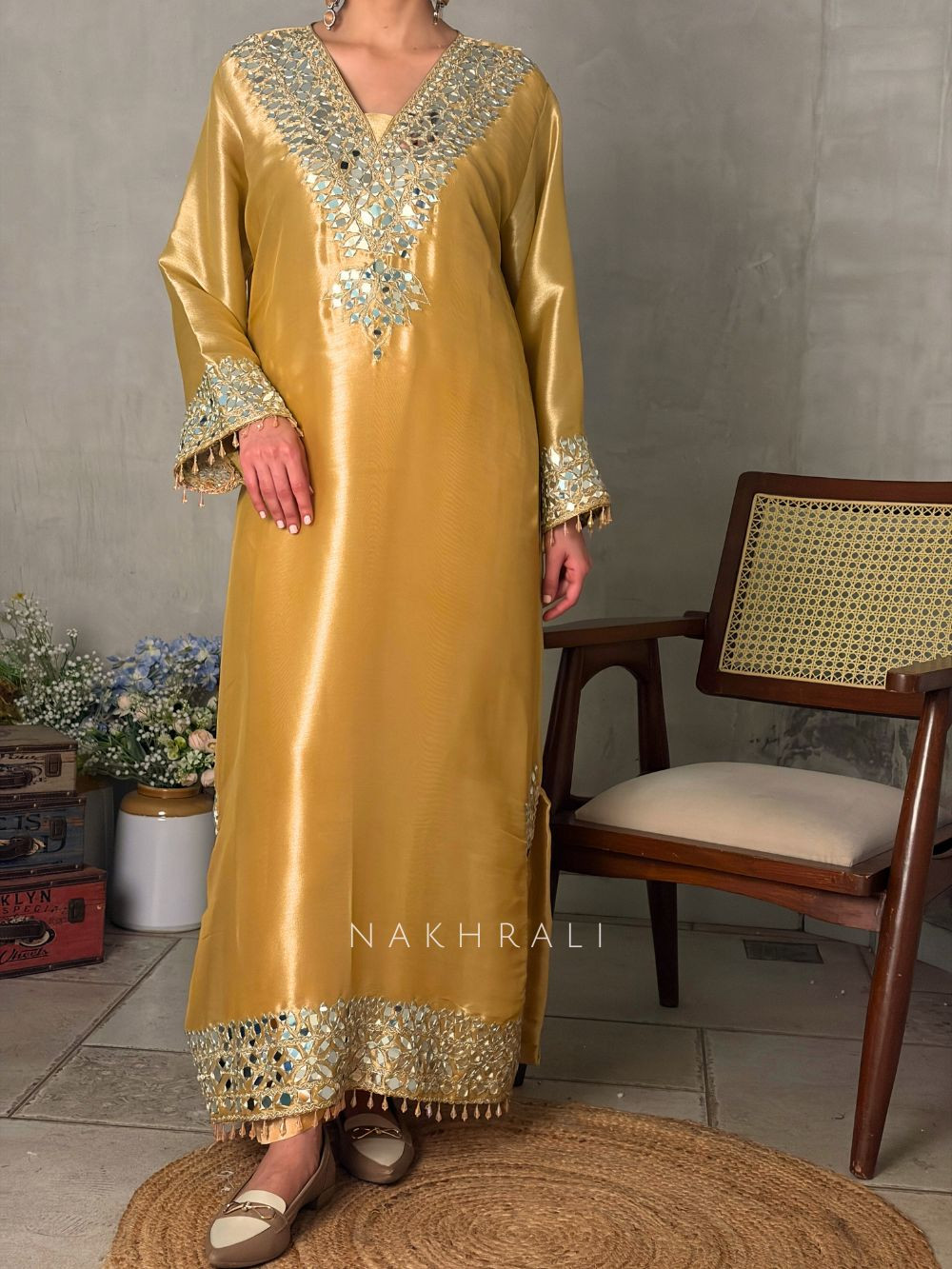 Aks Golden Tissue Suit Set with Mirror Zari Work Aks Golden Tissue Suit Set with Mirror Zari Work