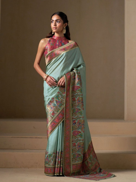 Aarunya Sea Green Dola Silk Saree with Intricate Border Work