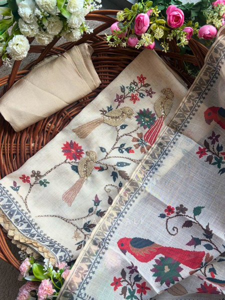 Briona Cream Dress Material with Cut Dana Work