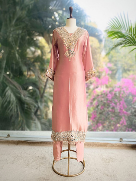 Aks Pink Tissue Suit Set with Mirror Zari Work
