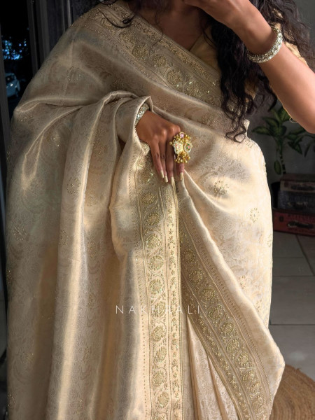Naazneen Cream Sequin & Zari Saree
