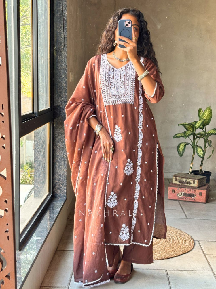 Image of Saesha Brown Chikankari Kurta Set with Dupatta