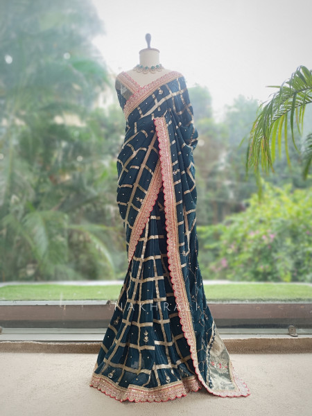 Koshira Teal Blue Pure Dola Silk Saree WIth Gotta Patti, Resham & Scalloped Zari Border