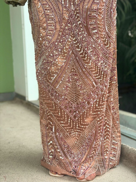 Celestine Beige Evening Gown with Sequin and Cut Dana Work