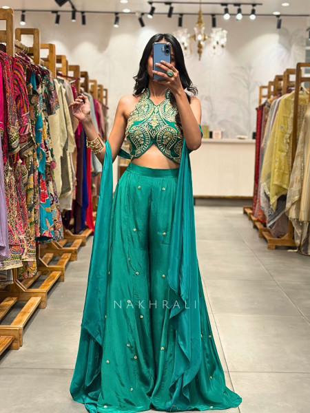 Ruhaya Indo Western Green  Crop Top Palazzo Set with Cut Dana Work