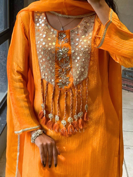 Zivika Orange Suit Set with Embroidered Kurta and Dupatta