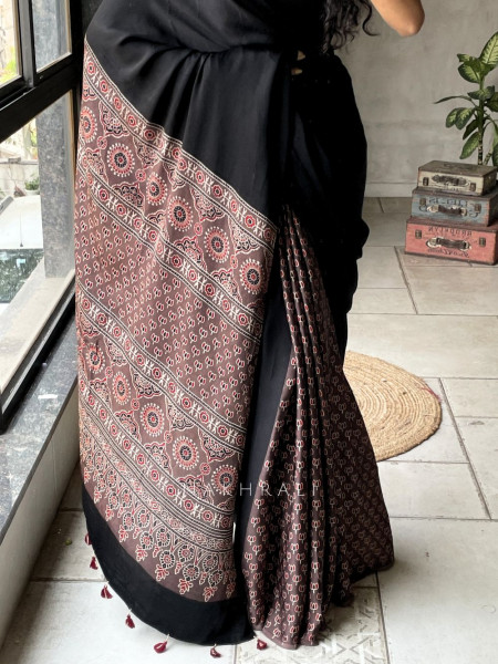 Kairav Brown Black Modal Block Print  Saree