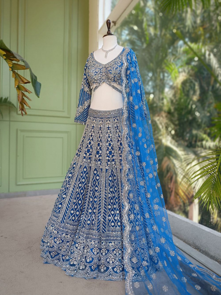 Image of Sheesh Mahal Blue Lehenga Set with Mirror and Heavy Embroidery Work
