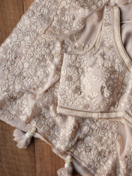 Velmira Beige Embroidered Saree with Heavy Thread Work and Readymade Blouse