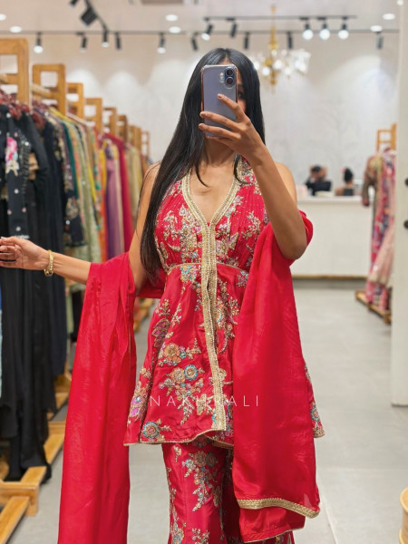 Wamika Red Floral Flared Suit Set with Zari Work