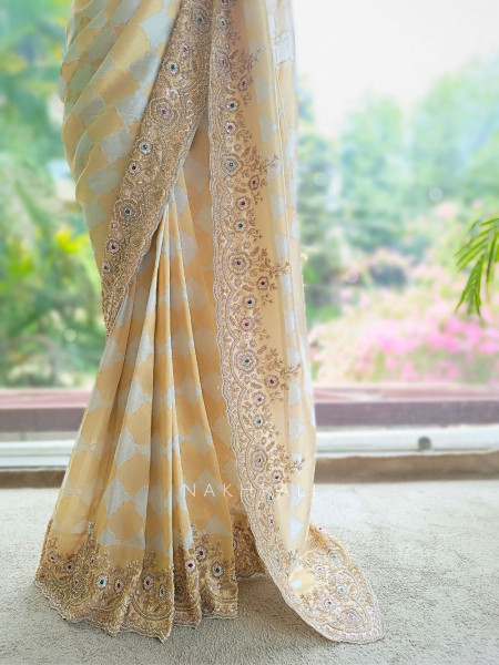 Avadhira Cream Saree with Cut Dana, Beads and Sequin Work